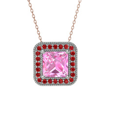 Esinti Kare Kolye - Pembe kuvars ve garnet 14 ayar beyaz altın kolye (40 cm rose altın rolo zincir) #13dcfpz