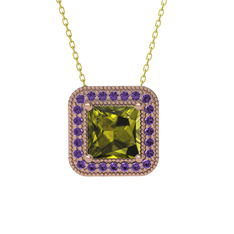Peridot ve ametist 925 ayar rose altın kaplama gümüş kolye (40 cm gümüş rolo zincir)