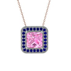 Esinti Kare Kolye - Pembe kuvars ve lab safir 14 ayar beyaz altın kolye (40 cm rose altın rolo zincir) #13kl8hp