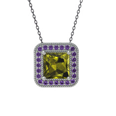 Peridot ve ametist 925 ayar gümüş kolye (40 cm gümüş rolo zincir)