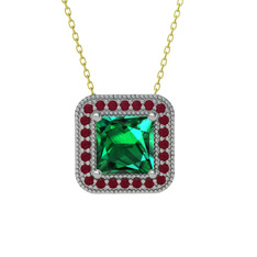 Esinti Kare Kolye - Yeşil kuvars ve kök yakut 8 ayar beyaz altın kolye (40 cm altın rolo zincir) #13x6kx2