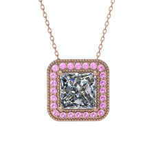 Swarovski ve pembe kuvars 8 ayar rose altın kolye (40 cm rose altın rolo zincir)