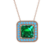 Yeşil kuvars ve akuamarin 18 ayar rose altın kolye (40 cm rose altın rolo zincir)