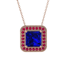 Esinti Kare Kolye - Lab safir ve rodolit garnet 14 ayar rose altın kolye (40 cm gümüş rolo zincir) #14gq6g6