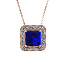 Esinti Kare Kolye - Lab safir ve swarovski 14 ayar rose altın kolye (40 cm rose altın rolo zincir) #14x22io