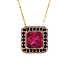 Esinti Kare Kolye - Rodolit garnet ve siyah zirkon 8 ayar rose altın kolye (40 cm altın rolo zincir) #1555mus