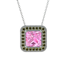 Esinti Kare Kolye - Pembe kuvars ve peridot 18 ayar beyaz altın kolye (40 cm beyaz altın rolo zincir) #155que5