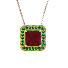 Esinti Kare Kolye - Kök yakut ve yeşil kuvars 14 ayar altın kolye (40 cm rose altın rolo zincir) #158t3l4