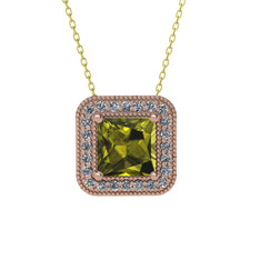 Esinti Kare Kolye - Peridot ve pırlanta 925 ayar rose altın kaplama gümüş kolye (0.264 karat, 40 cm gümüş rolo zincir) #15escyn