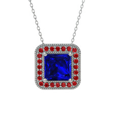 Esinti Kare Kolye - Lab safir ve garnet 14 ayar beyaz altın kolye (40 cm beyaz altın rolo zincir) #16u7xi