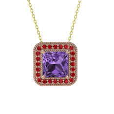 Esinti Kare Kolye - Ametist ve garnet 18 ayar rose altın kolye (40 cm altın rolo zincir) #17cngsj