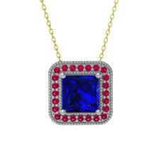 Esinti Kare Kolye - Lab safir ve rodolit garnet 18 ayar beyaz altın kolye (40 cm altın rolo zincir) #17jbmoh