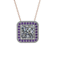 Esinti Kare Kolye - Beyaz zirkon ve ametist 14 ayar beyaz altın kolye (40 cm gümüş rolo zincir) #17oaome