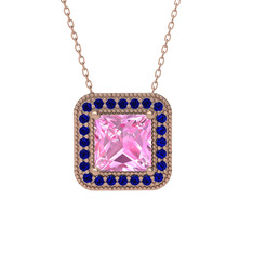 Pembe kuvars ve lab safir 18 ayar rose altın kolye (40 cm rose altın rolo zincir)