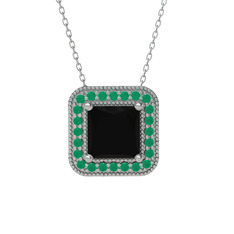 Esinti Kare Kolye - Siyah zirkon ve kök zümrüt 925 ayar gümüş kolye (40 cm beyaz altın rolo zincir) #183374x