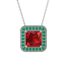 Esinti Kare Kolye - Garnet ve kök zümrüt 8 ayar beyaz altın kolye (40 cm beyaz altın rolo zincir) #183bmc9