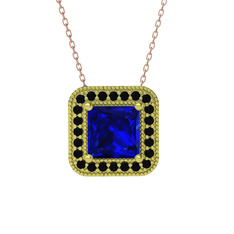 Esinti Kare Kolye - Lab safir ve siyah zirkon 14 ayar altın kolye (40 cm rose altın rolo zincir) #183ogku