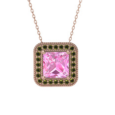 Esinti Kare Kolye - Pembe kuvars ve peridot 18 ayar rose altın kolye (40 cm rose altın rolo zincir) #186524w
