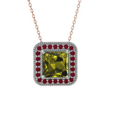 Esinti Kare Kolye - Peridot ve kök yakut 8 ayar beyaz altın kolye (40 cm rose altın rolo zincir) #18srokd