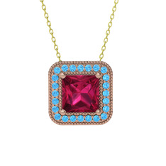 Esinti Kare Kolye - Rodolit garnet ve akuamarin 8 ayar rose altın kolye (40 cm altın rolo zincir) #19d9hx0