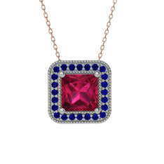 Esinti Kare Kolye - Rodolit garnet ve lab safir 14 ayar beyaz altın kolye (40 cm rose altın rolo zincir) #19dx22i