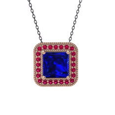 Esinti Kare Kolye - Lab safir ve rodolit garnet 925 ayar rose altın kaplama gümüş kolye (40 cm gümüş rolo zincir) #19h37dx