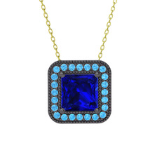 Esinti Kare Kolye - Lab safir ve akuamarin 925 ayar siyah rodyum kaplama gümüş kolye (40 cm altın rolo zincir) #19yjetz