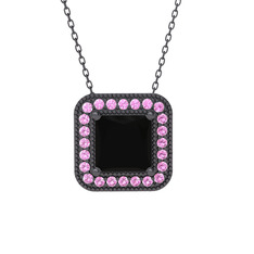 Esinti Kare Kolye - Siyah zirkon ve pembe kuvars 925 ayar siyah rodyum kaplama gümüş kolye (40 cm gümüş rolo zincir) #1a1lb4r