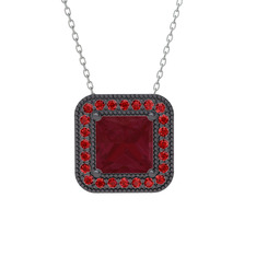 Esinti Kare Kolye - Kök yakut ve garnet 925 ayar siyah rodyum kaplama gümüş kolye (40 cm gümüş rolo zincir) #1achwa7