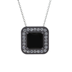 Esinti Kare Kolye - Siyah zirkon ve swarovski 925 ayar siyah rodyum kaplama gümüş kolye (40 cm gümüş rolo zincir) #1agtr47