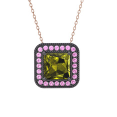 Esinti Kare Kolye - Peridot ve pembe kuvars 925 ayar siyah rodyum kaplama gümüş kolye (40 cm gümüş rolo zincir) #1bq4nsz