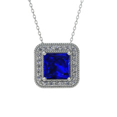 Esinti Kare Kolye - Lab safir ve swarovski 18 ayar beyaz altın kolye (40 cm beyaz altın rolo zincir) #1c3shy8