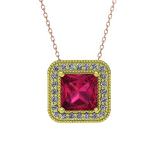 Esinti Kare Kolye - Rodolit garnet ve beyaz zirkon 18 ayar altın kolye (40 cm rose altın rolo zincir) #1c8bwic