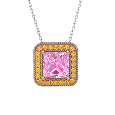 Pembe kuvars ve sitrin 18 ayar rose altın kolye (40 cm beyaz altın rolo zincir)