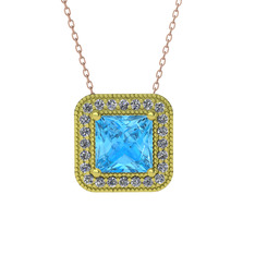 Esinti Kare Kolye - Akuamarin ve beyaz zirkon 8 ayar altın kolye (40 cm rose altın rolo zincir) #1cyvd45