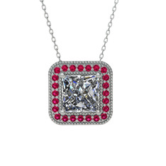 Esinti Kare Kolye - Beyaz zirkon ve rodolit garnet 18 ayar beyaz altın kolye (40 cm beyaz altın rolo zincir) #1czhhpn