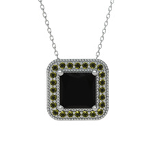 Esinti Kare Kolye - Siyah zirkon ve peridot 18 ayar beyaz altın kolye (40 cm beyaz altın rolo zincir) #1de62u1