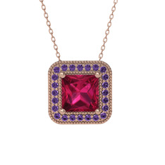 Esinti Kare Kolye - Rodolit garnet ve ametist 14 ayar rose altın kolye (40 cm gümüş rolo zincir) #1dms3i4