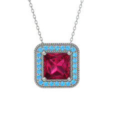 Rodolit garnet ve akuamarin 8 ayar beyaz altın kolye (40 cm beyaz altın rolo zincir)