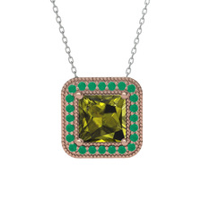 Esinti Kare Kolye - Peridot ve kök zümrüt 14 ayar rose altın kolye (40 cm beyaz altın rolo zincir) #1efbzym