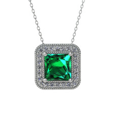 Esinti Kare Kolye - Yeşil kuvars ve beyaz zirkon 18 ayar beyaz altın kolye (40 cm beyaz altın rolo zincir) #1epeq3c