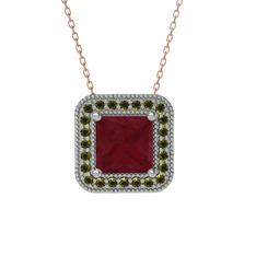 Esinti Kare Kolye - Kök yakut ve peridot 925 ayar gümüş kolye (40 cm rose altın rolo zincir) #1eyf22g