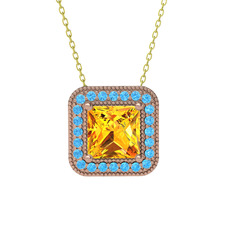 Esinti Kare Kolye - Sitrin ve akuamarin 18 ayar rose altın kolye (40 cm altın rolo zincir) #1f2onnv