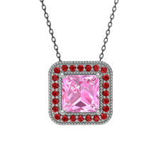 Esinti Kare Kolye - Pembe kuvars ve garnet 18 ayar beyaz altın kolye (40 cm gümüş rolo zincir) #1g1jpw