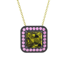 Esinti Kare Kolye - Peridot ve pembe kuvars 925 ayar siyah rodyum kaplama gümüş kolye (40 cm gümüş rolo zincir) #1g3fv8w