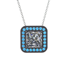 Esinti Kare Kolye - Swarovski ve akuamarin 925 ayar siyah rodyum kaplama gümüş kolye (40 cm beyaz altın rolo zincir) #1g50n8p