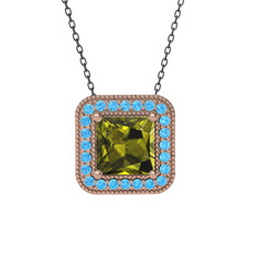 Peridot ve akuamarin 925 ayar rose altın kaplama gümüş kolye (40 cm gümüş rolo zincir)