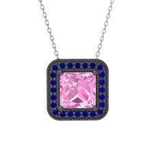 Esinti Kare Kolye - Pembe kuvars ve lab safir 925 ayar siyah rodyum kaplama gümüş kolye (40 cm gümüş rolo zincir) #1g5koeg