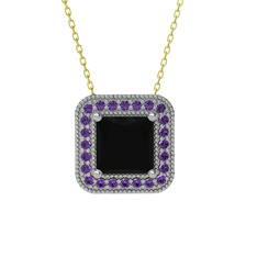 Esinti Kare Kolye - Siyah zirkon ve ametist 8 ayar beyaz altın kolye (40 cm altın rolo zincir) #1g6qiol