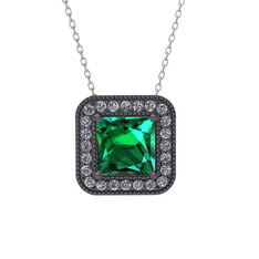 Esinti Kare Kolye - Yeşil kuvars ve swarovski 925 ayar siyah rodyum kaplama gümüş kolye (40 cm gümüş rolo zincir) #1gb7wou